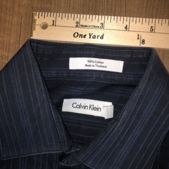 Calvin Klein Mens Large Button Up Shirt Blue Stripe Long Sleeve Dress Shirt - Picture 6 of 9